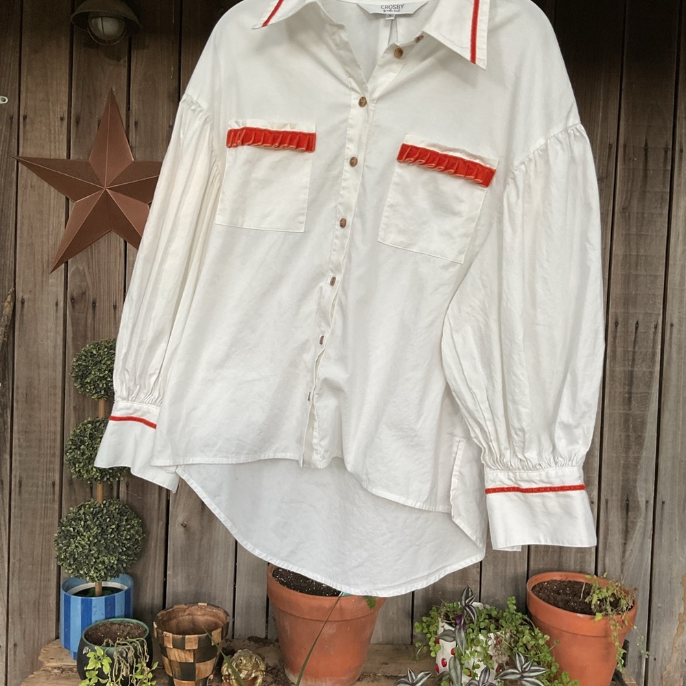 CROSBY by Mollie Burch White Poplin Button-Down Shirt Velvet Ruffle Trim S